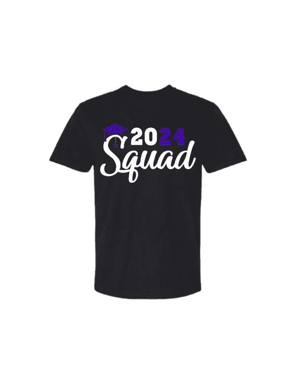 2024 Squad Graduation Shirts. Custom t-shirt details: 100% preshrunk cotton, various color blends (e.g., Antique, Sport Grey, Sunset), sustainably grown USA cotton, seamless rib at neck, taped shoulder-to-shoulder, double-needle stitching, tear-away label.